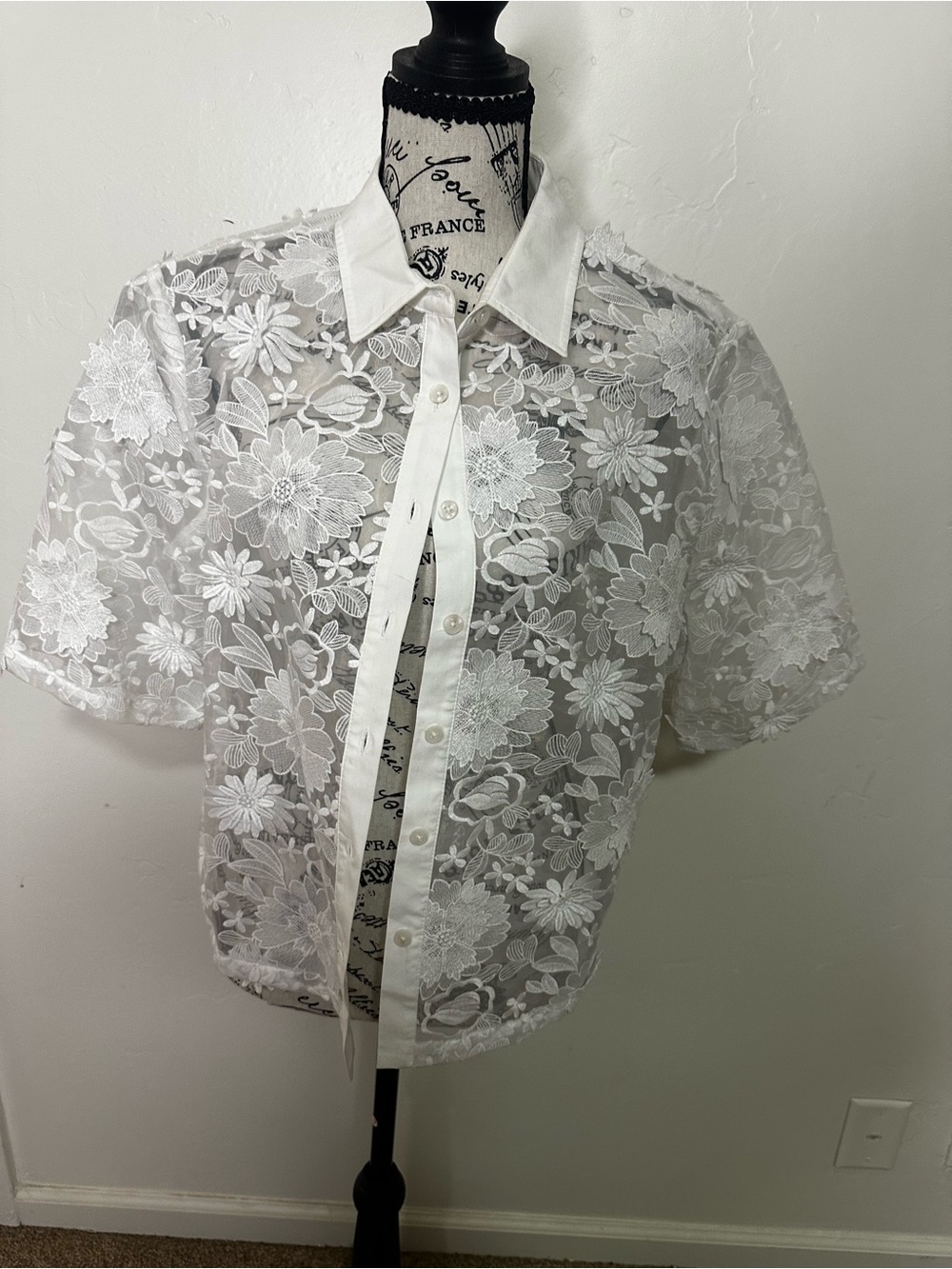 Chico's White Sheer Floral Lace Button-Down Shirt